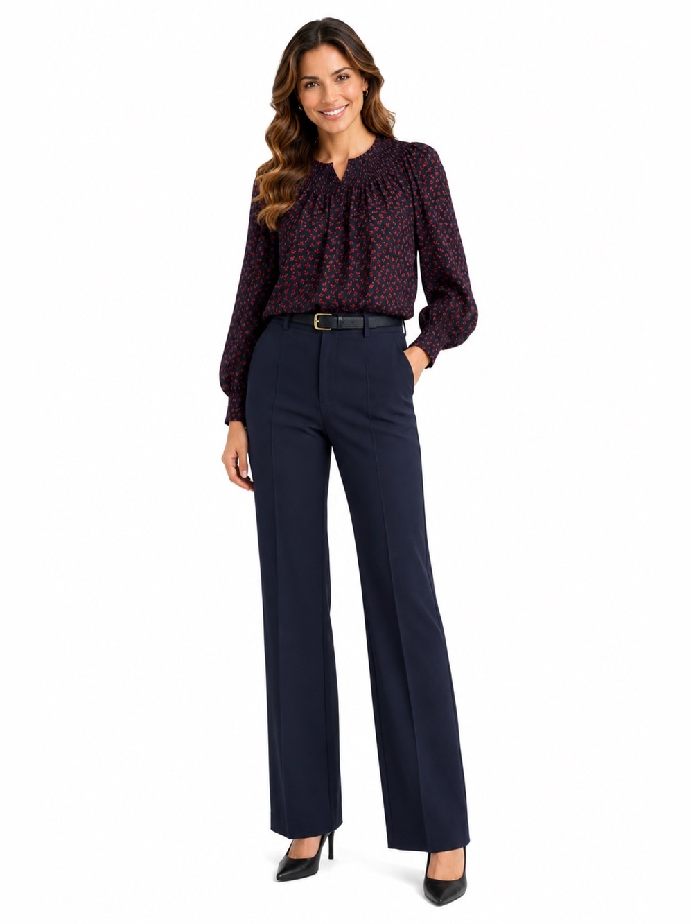 St. John's Bay Navy and Red Printed Long-Sleeve Blouse